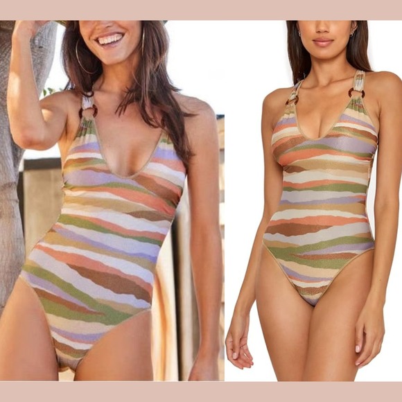 NEW$148 Becca [ Large ] Canyon View Ring One Piece Swimsuit Striped Glitter 6986 - Picture 1 of 11